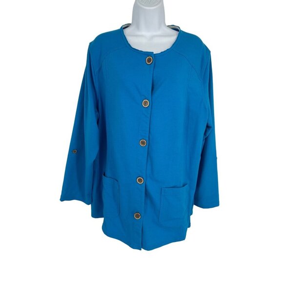 Susan Graver Resort Bright Blue French Terry Jacket or Cover Up with Hood Sz 1X - Picture 1 of 11
